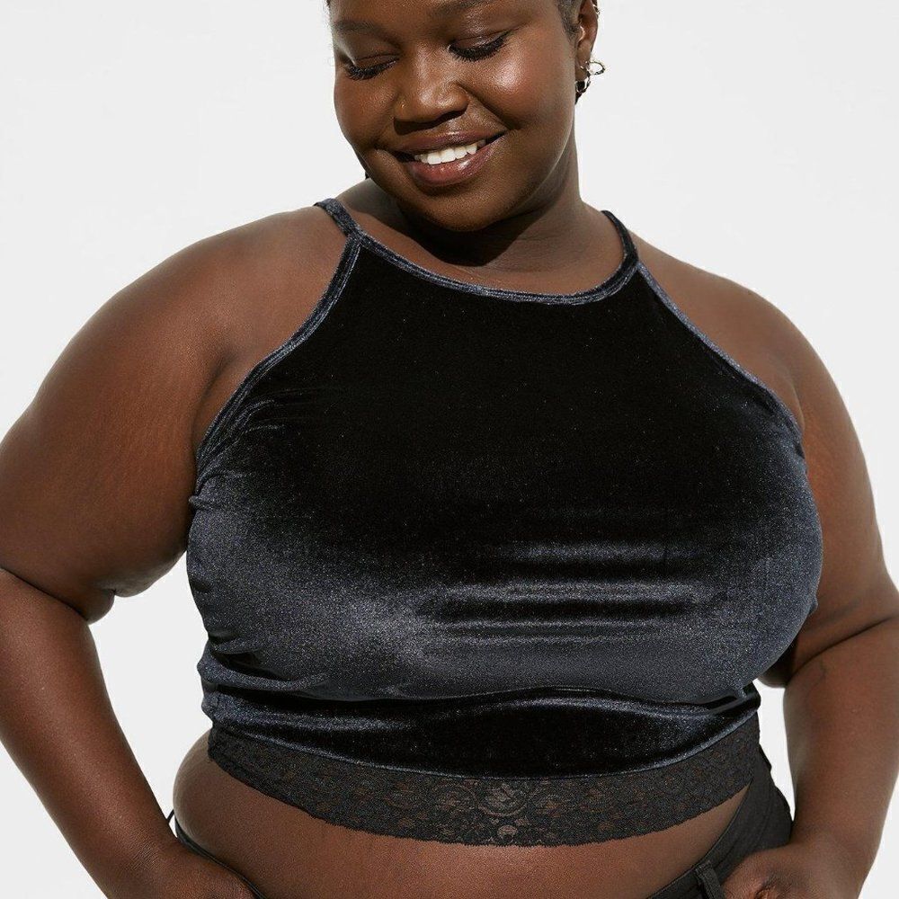 Torrid Festi Stretch Velvet Cropped High Neck Lace Trim Cami